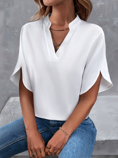 Notched Blouse met Sleufmouwen - Casual Korte Mouw & Ademend Stoffen