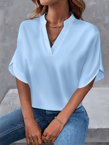 Notched Blouse met Sleufmouwen - Casual Korte Mouw & Ademend Stoffen