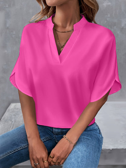 Notched Blouse met Sleufmouwen - Casual Korte Mouw & Ademend Stoffen