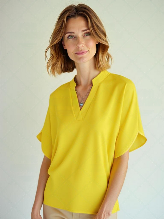 Notched Blouse met Sleufmouwen - Casual Korte Mouw & Ademend Stoffen