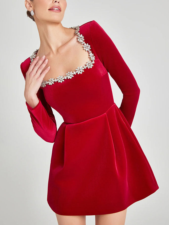 Elegante Vierkante Hals Crystal Versierde Mini Jurk
