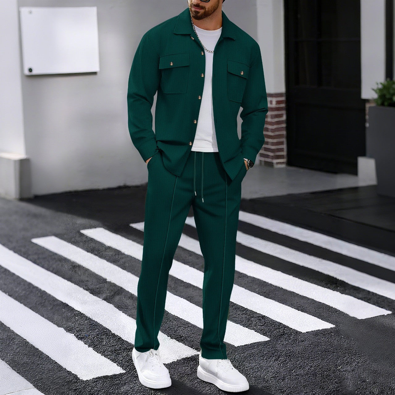 ⏰ Herenpak bestaande uit een button-down-jasje en een broek van honingraatmesh – Ontspannen pasvorm, ademend materiaal en een stijlvolle look voor dagelijks gebruik 👕👖