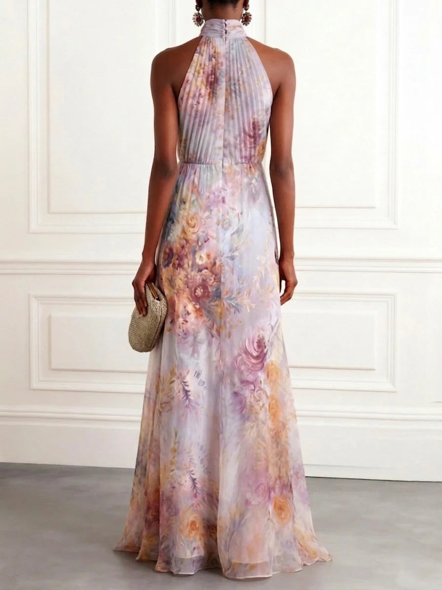 Elegante Chiffon Maxi Jurk met Eén Schouder en Bloemenprint