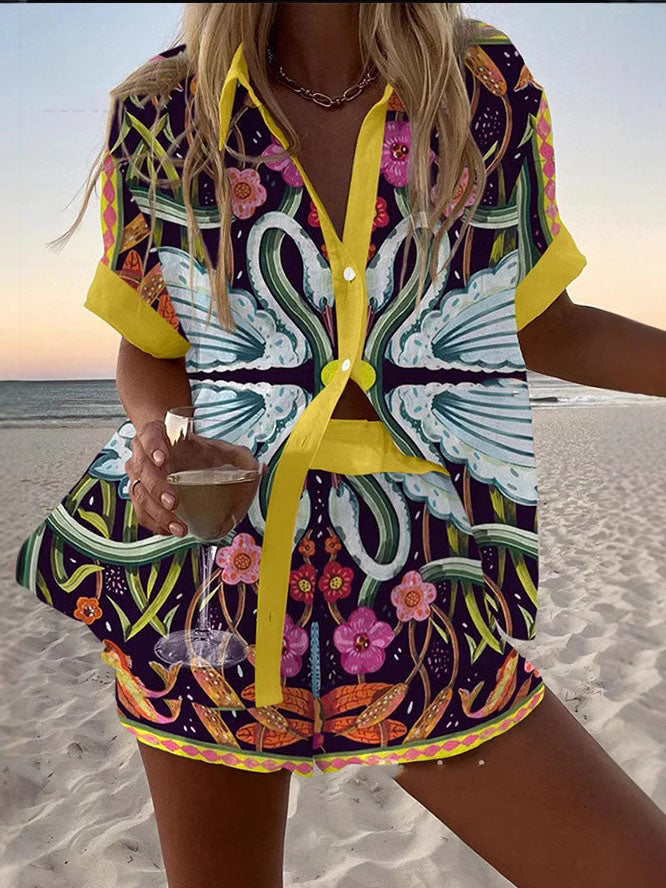 Unieke Abstract Graffiti Zwanenprint Shorts Twee-delige Set