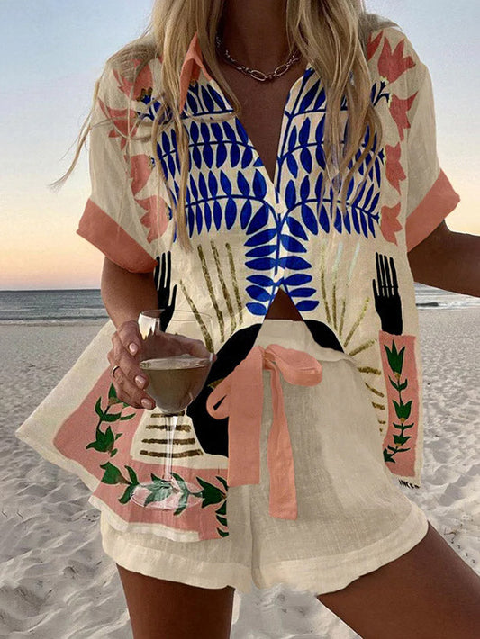 Abstracte Graffiti Plantenprint Shorts en Shirt Twee-Piece Set