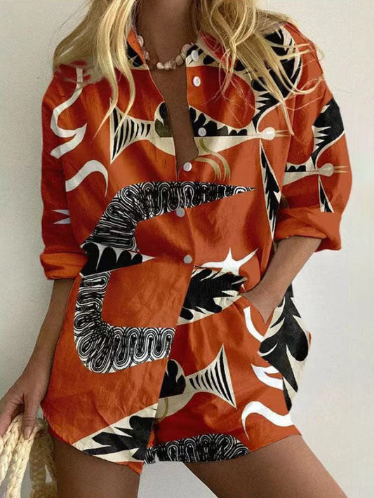 Unieke Casual Abstracte Print Lange Mouwen Shorts Set