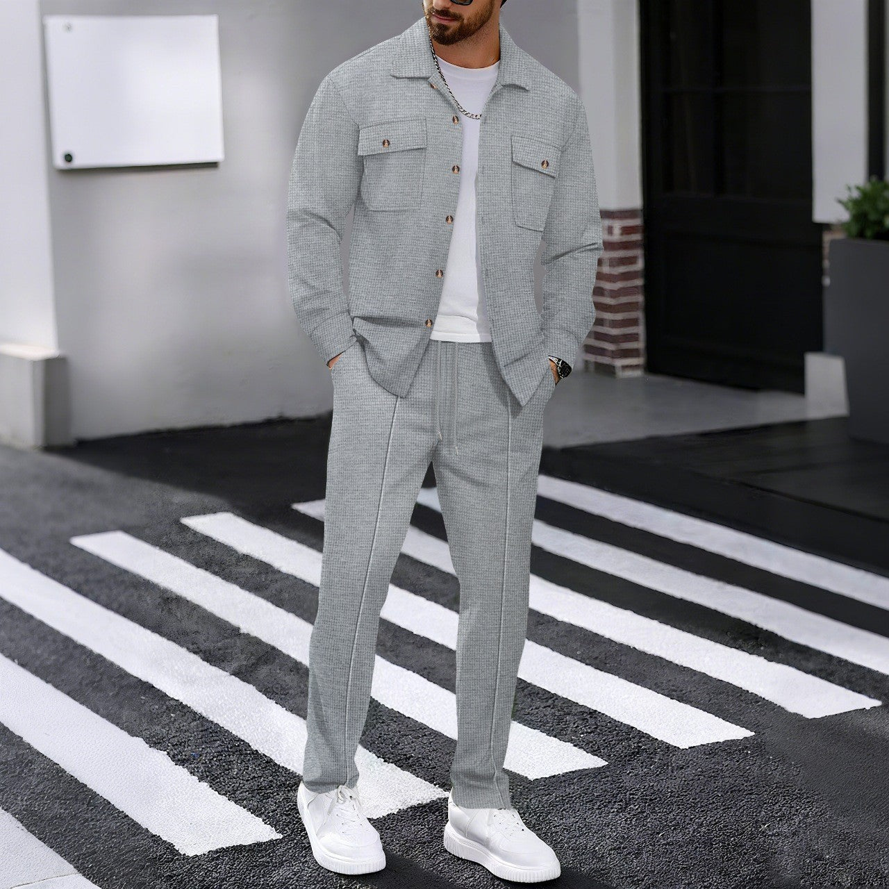 ⏰ Herenpak bestaande uit een button-down-jasje en een broek van honingraatmesh – Ontspannen pasvorm, ademend materiaal en een stijlvolle look voor dagelijks gebruik 👕👖