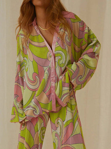 Unieke Geschilderde Print Plissé Loose Shirt