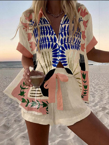 Abstract Graffiti Plantenprint Shorts En Shirt Twee-Delige Set