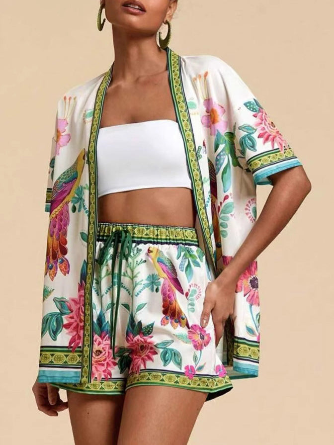 Casual Verse Bloemenprint Cardigan Korte Mouw Twee-Delige Set