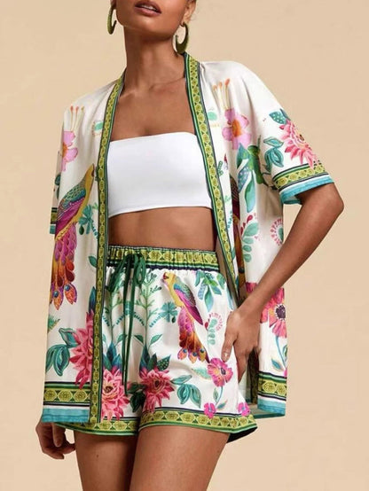Casual Vers Bloemmotief Cardigan Korte Mouw Twee-Delige Set