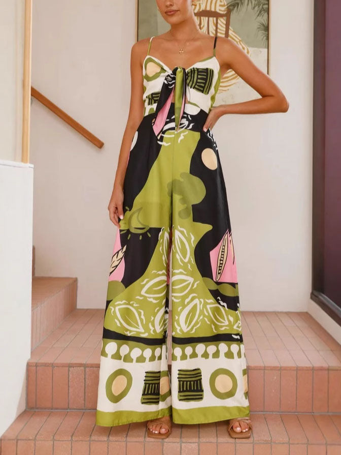 Unieke Geschilderde Print Draagriem Wijde Jumpsuit