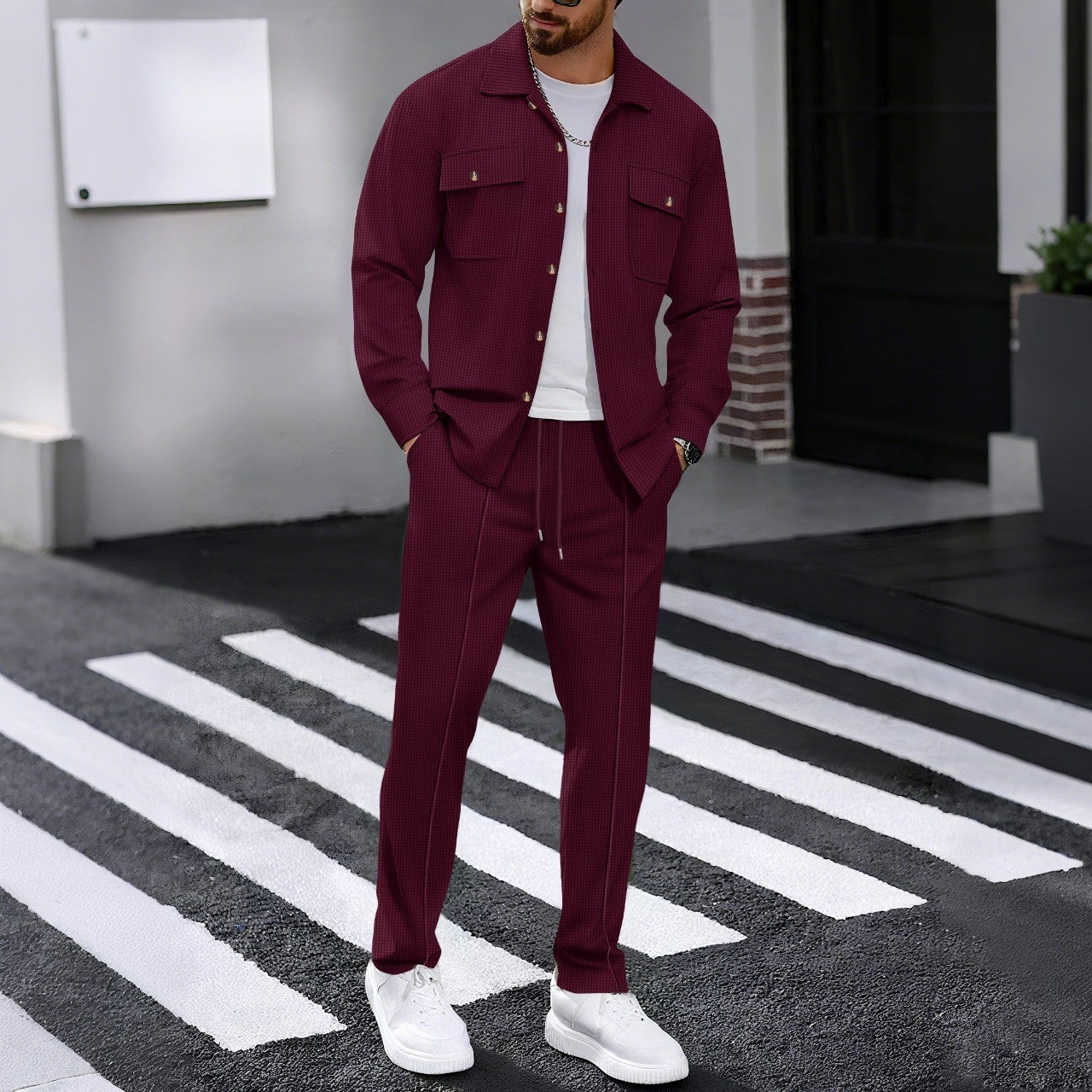 ⏰ Herenpak bestaande uit een button-down-jasje en een broek van honingraatmesh – Ontspannen pasvorm, ademend materiaal en een stijlvolle look voor dagelijks gebruik 👕👖