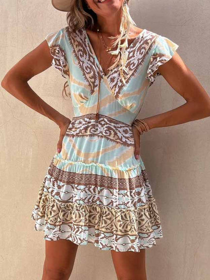 Casual Bohemian Print V-Hals Mini Jurk