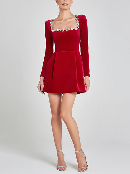 Elegante Vierkante Hals Crystal Versierde Mini Jurk