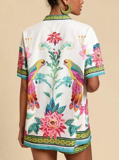 Casual Verse Bloemenprint Cardigan Korte Mouw Twee-Delige Set