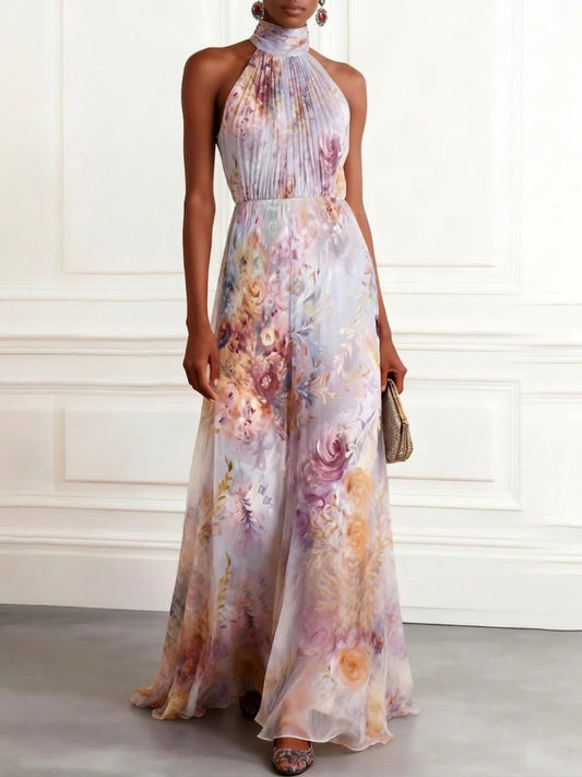 Elegante Chiffon Maxi Jurk met Eén Schouder en Bloemenprint