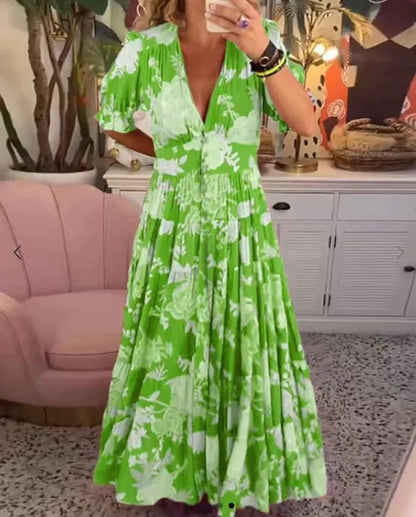 💃Loszittende lange jurk met V-hals en bloemenprint