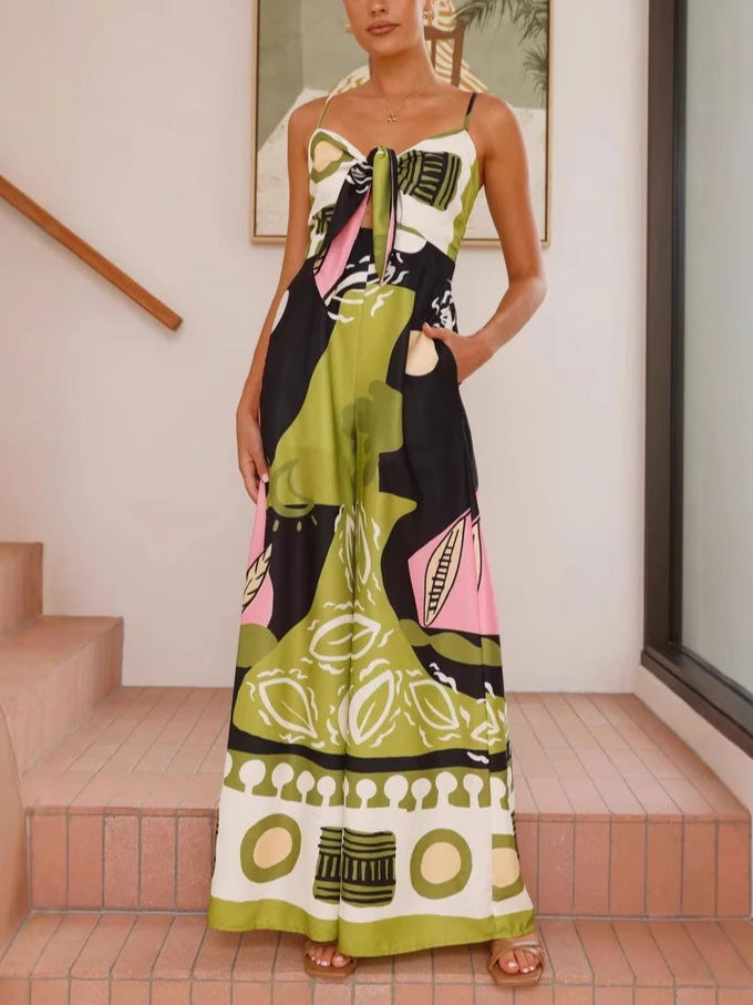 Unieke Geschilderde Print Draagriem Wijde Jumpsuit