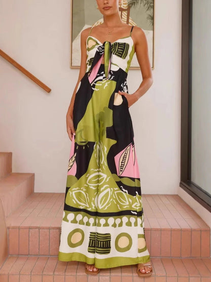 Unieke Geschilderde Print Draagriem Wijde Jumpsuit