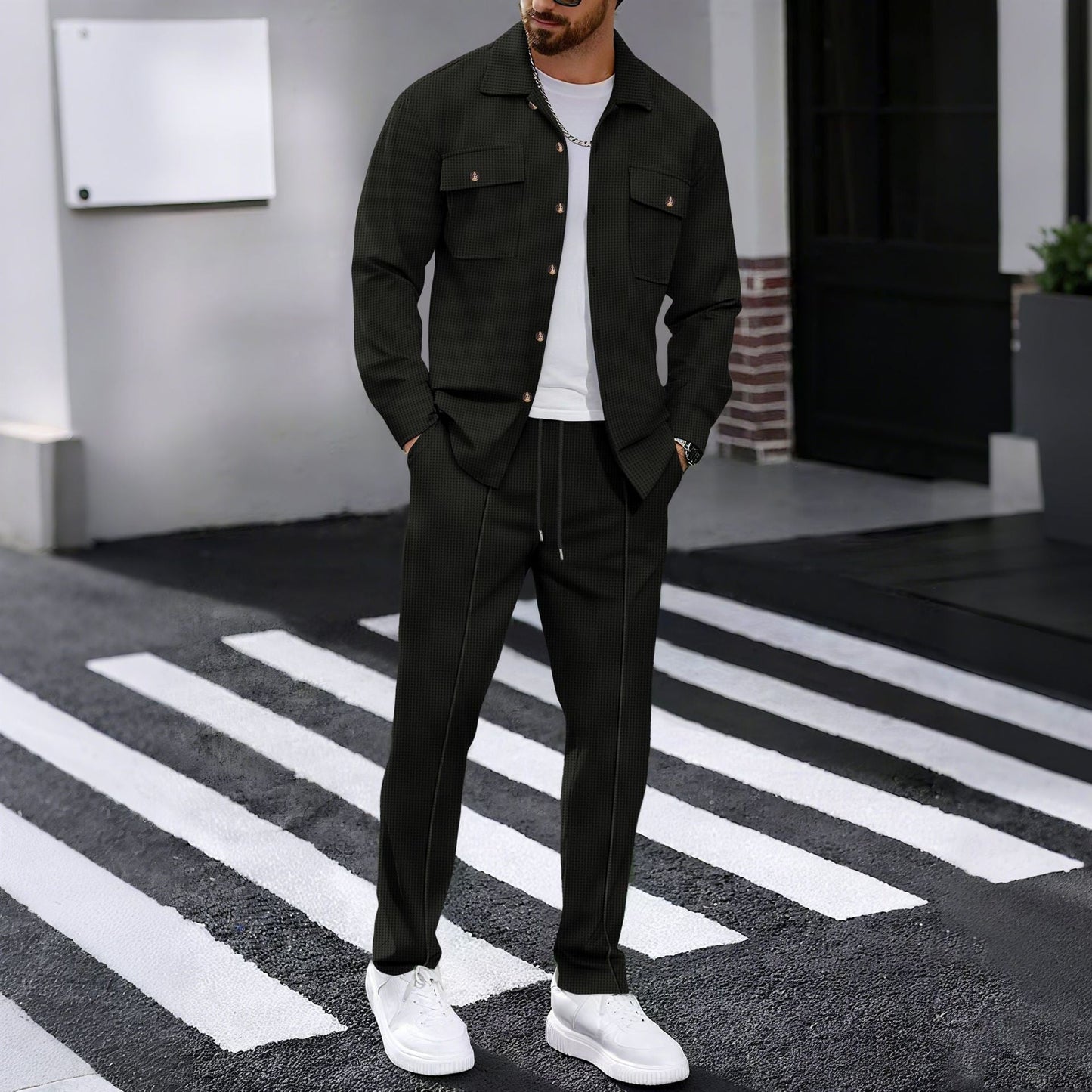 ⏰ Herenpak bestaande uit een button-down-jasje en een broek van honingraatmesh – Ontspannen pasvorm, ademend materiaal en een stijlvolle look voor dagelijks gebruik 👕👖