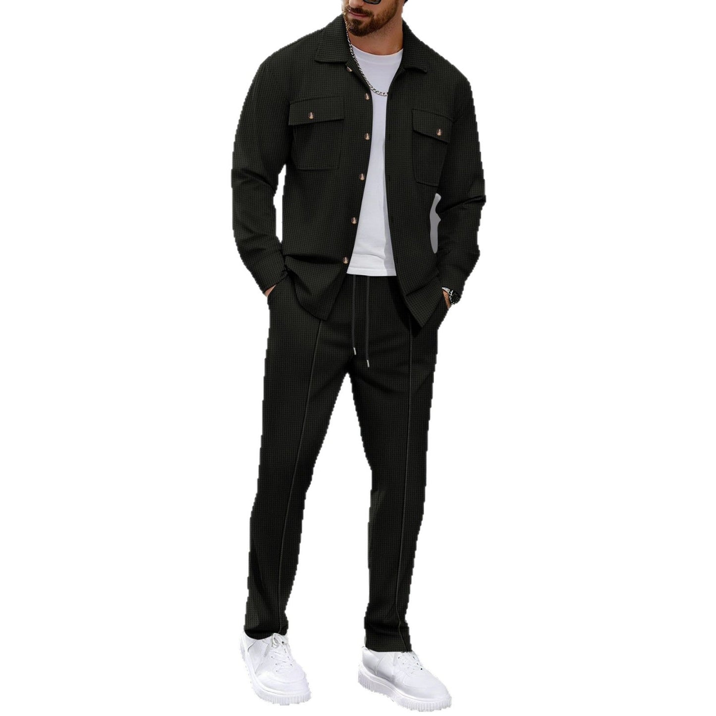 ⏰ Herenpak bestaande uit een button-down-jasje en een broek van honingraatmesh – Ontspannen pasvorm, ademend materiaal en een stijlvolle look voor dagelijks gebruik 👕👖