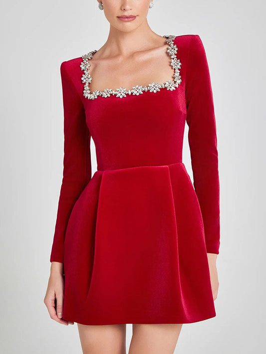 Elegante Vierkante Hals Crystal Versierde Mini Jurk