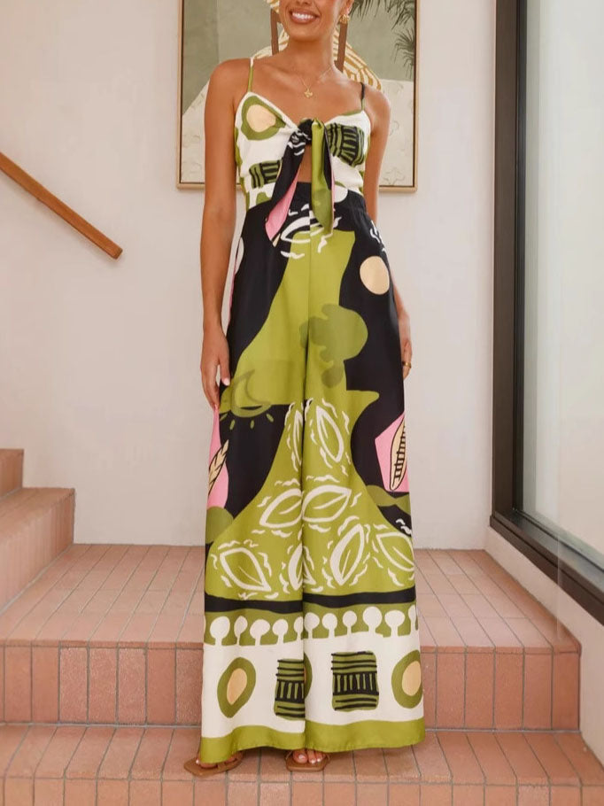 Unieke Geschilderde Print Draagriem Wijde Jumpsuit