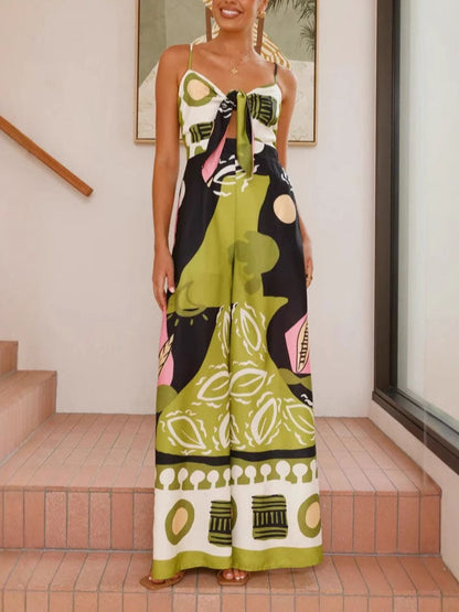 Unieke Geschilderde Print Draagriem Wijde Jumpsuit