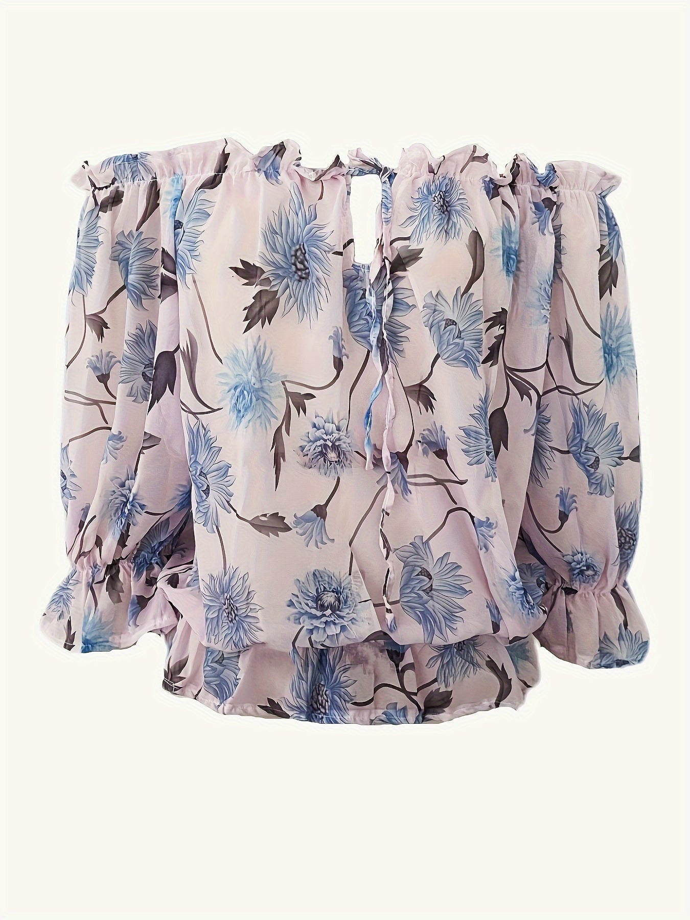 Off-Shoulder Bloemen Chiffon Blouse - Plissé Lantaarnmouwen & Lichtgewicht