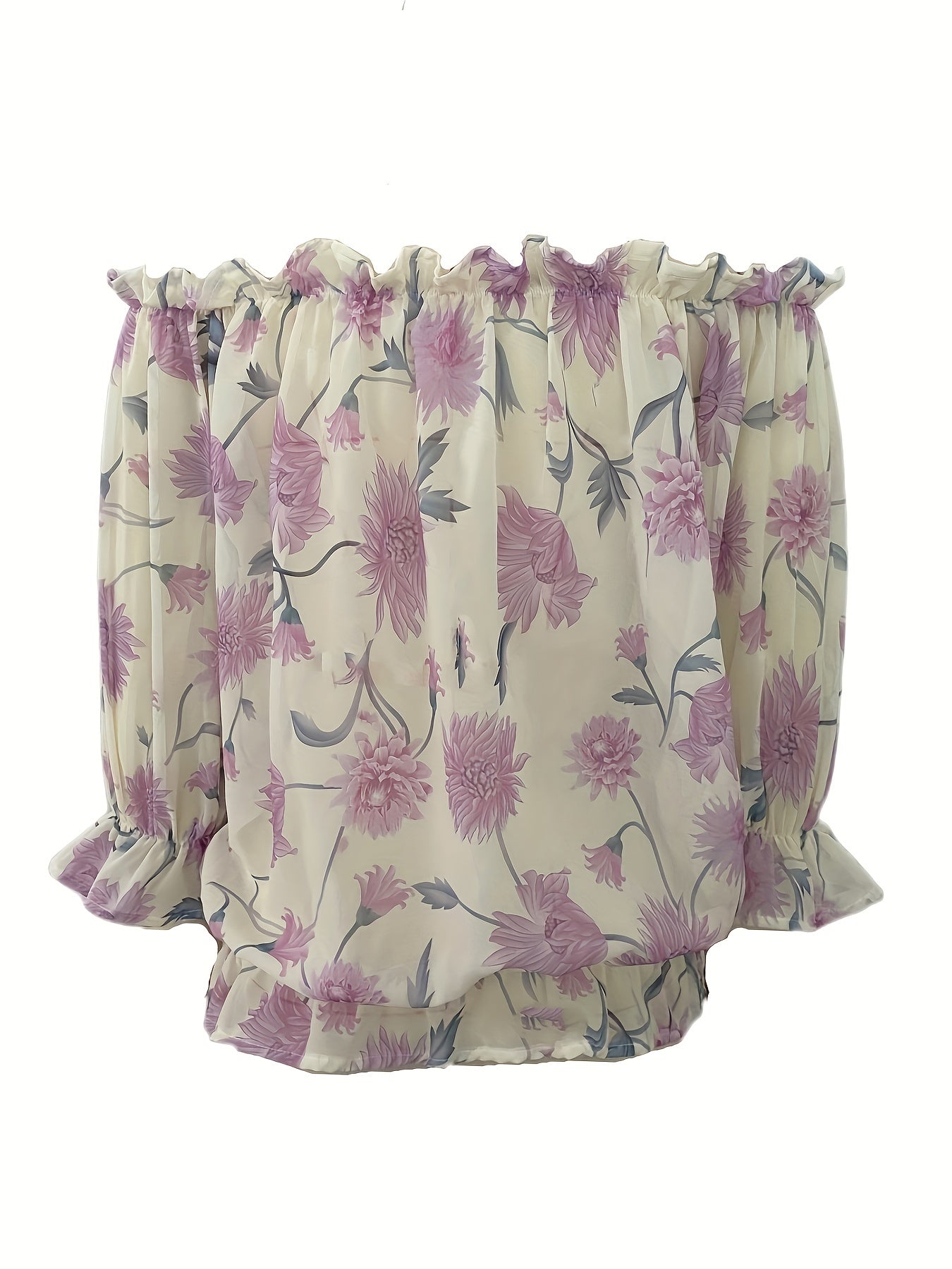 Off-Shoulder Bloemen Chiffon Blouse - Plissé Lantaarnmouwen & Lichtgewicht