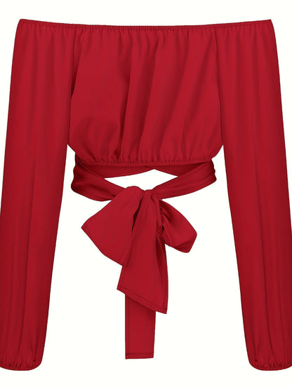 Off-Shoulder Tie Back Crop Blouse - Lange Mouwen en Comfortabele Pasvorm