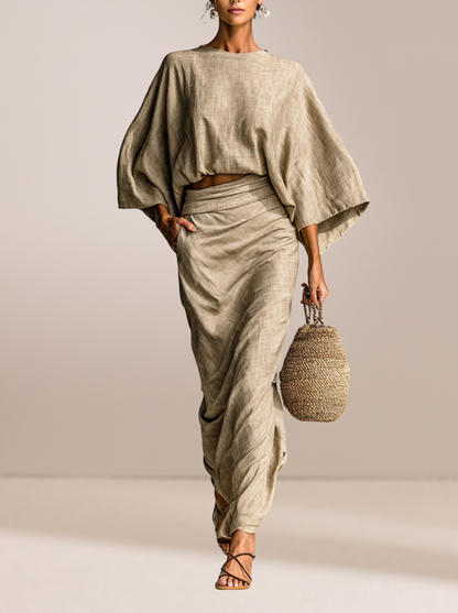 Selene | Gouden Linnen Batwing & Maxi Rok Set