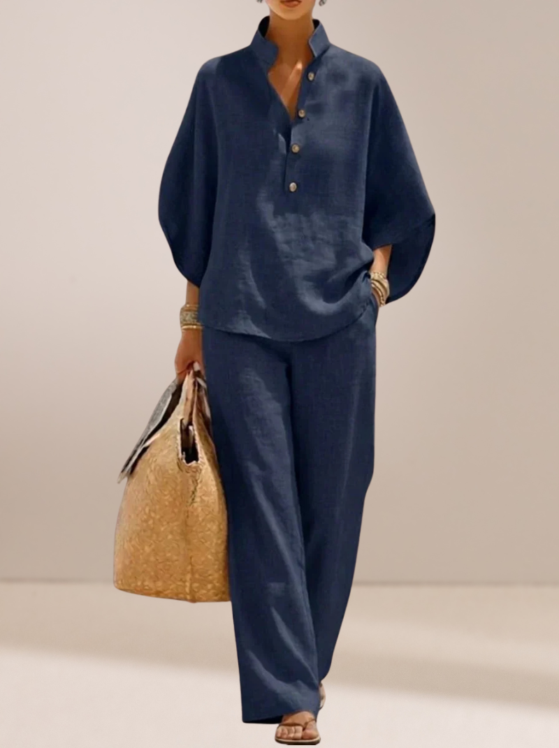 Maribel | Oceaanblauw Batwing & Wijde Pantalon Set