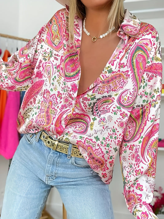 Paisley Print Polo Kraag Shirt - Knopen Sluiting & Lange Mouwen