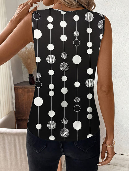 Polka Dot Mouwloze Blouse - V-Hals Ontwerp & Ruche Detail