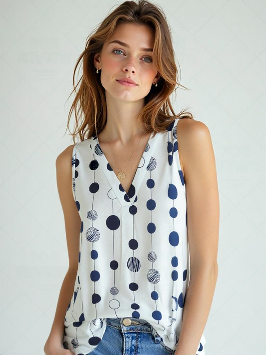 Polka Dot Mouwloze Blouse - V-Hals Ontwerp & Ruche Detail