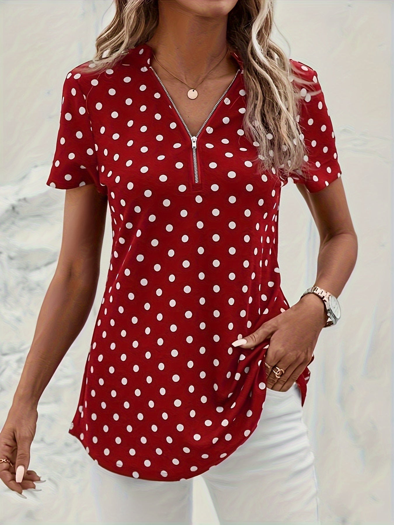 Polka Dot V-Hals Blouse - Rits Voorzijde & Korte Mouwen