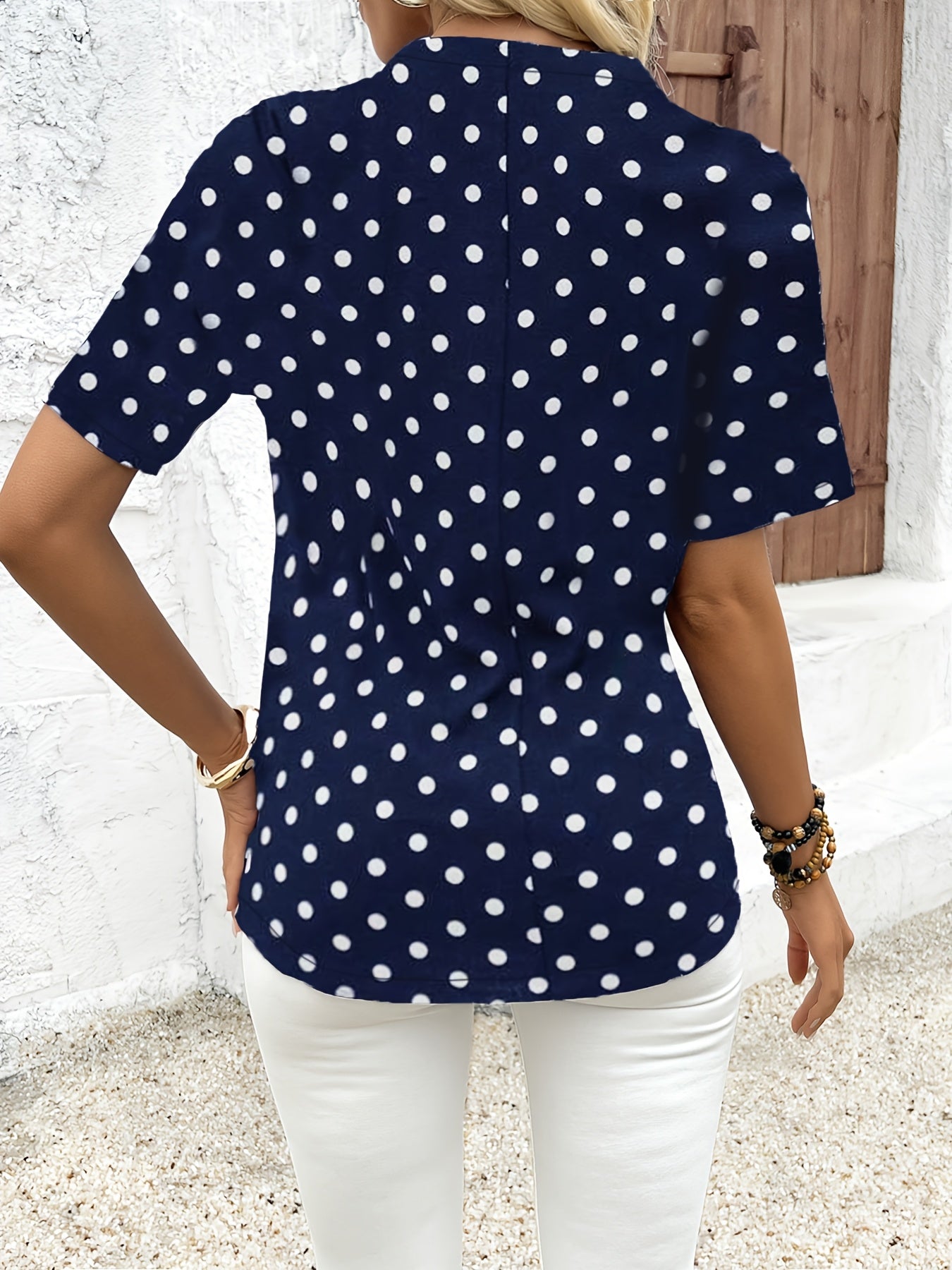 Polka Dot V-Hals Blouse - Rits Voorzijde & Korte Mouwen
