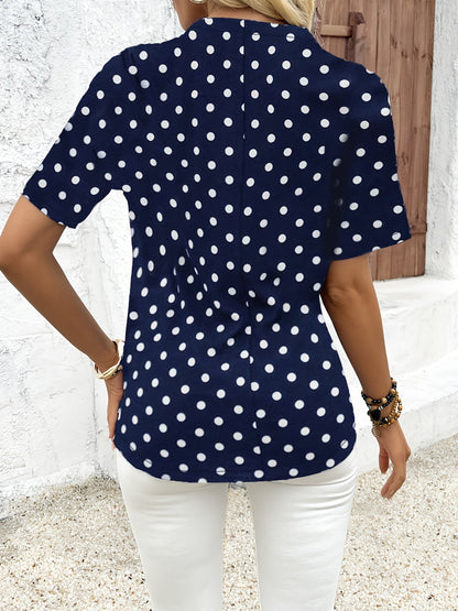 Polka Dot V-Hals Blouse - Rits Voorzijde & Korte Mouwen