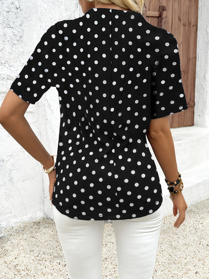 Polka Dot V-Hals Blouse - Rits Voorzijde & Korte Mouwen