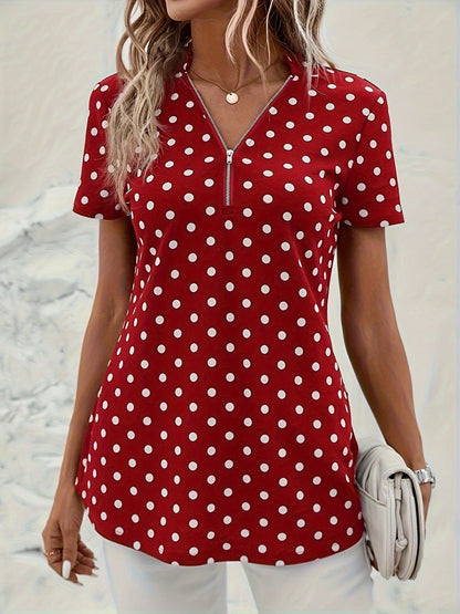 Polka Dot V-Hals Blouse - Rits Voorzijde & Korte Mouwen