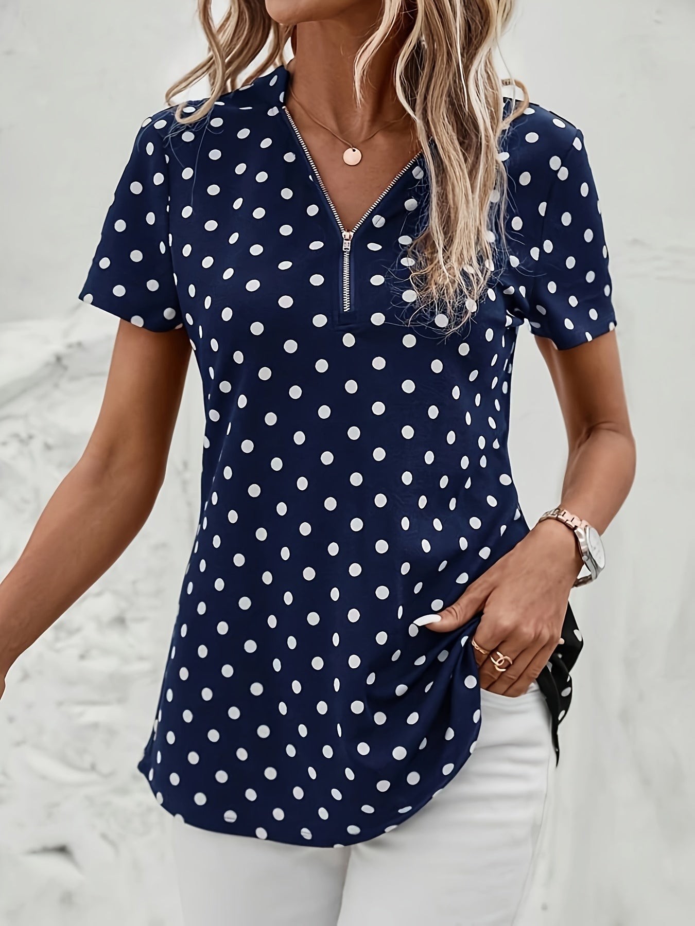 Polka Dot V-Hals Blouse - Rits Voorzijde & Korte Mouwen