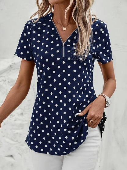 Polka Dot V-Hals Blouse - Rits Voorzijde & Korte Mouwen