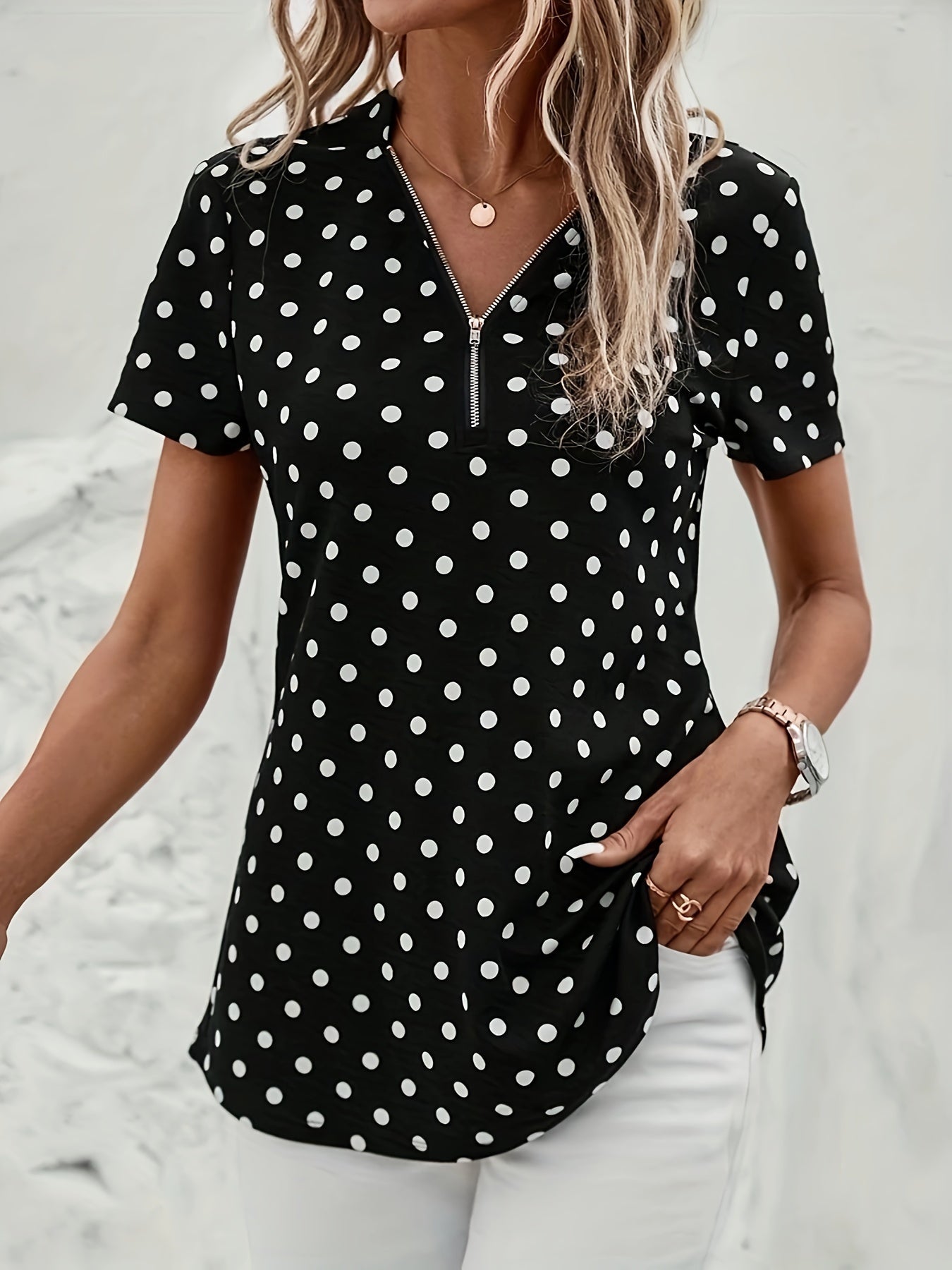 Polka Dot V-Hals Blouse - Rits Voorzijde & Korte Mouwen