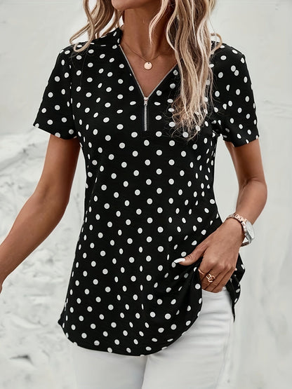 Polka Dot V-Hals Blouse - Rits Voorzijde & Korte Mouwen