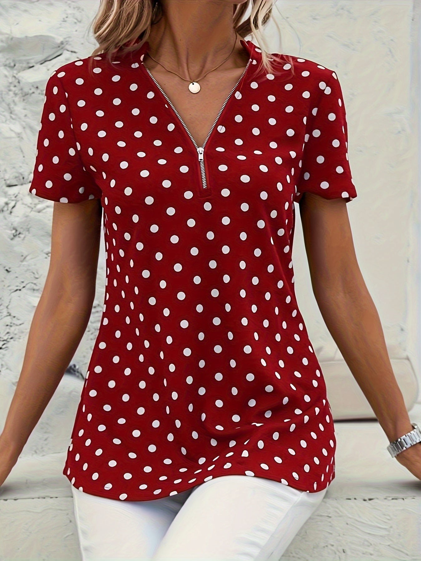 Polka Dot V-Hals Blouse - Rits Voorzijde & Korte Mouwen
