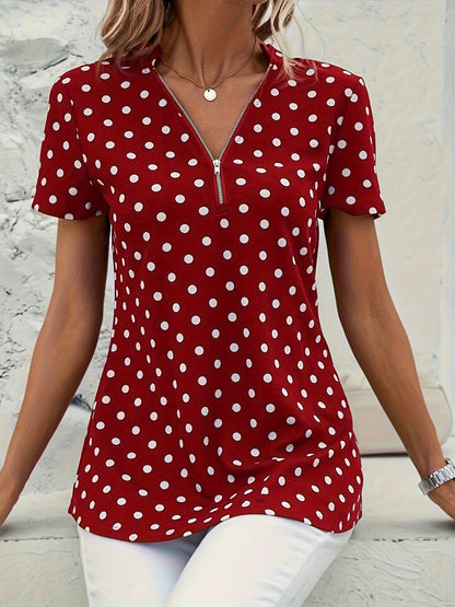 Polka Dot V-Hals Blouse - Rits Voorzijde & Korte Mouwen