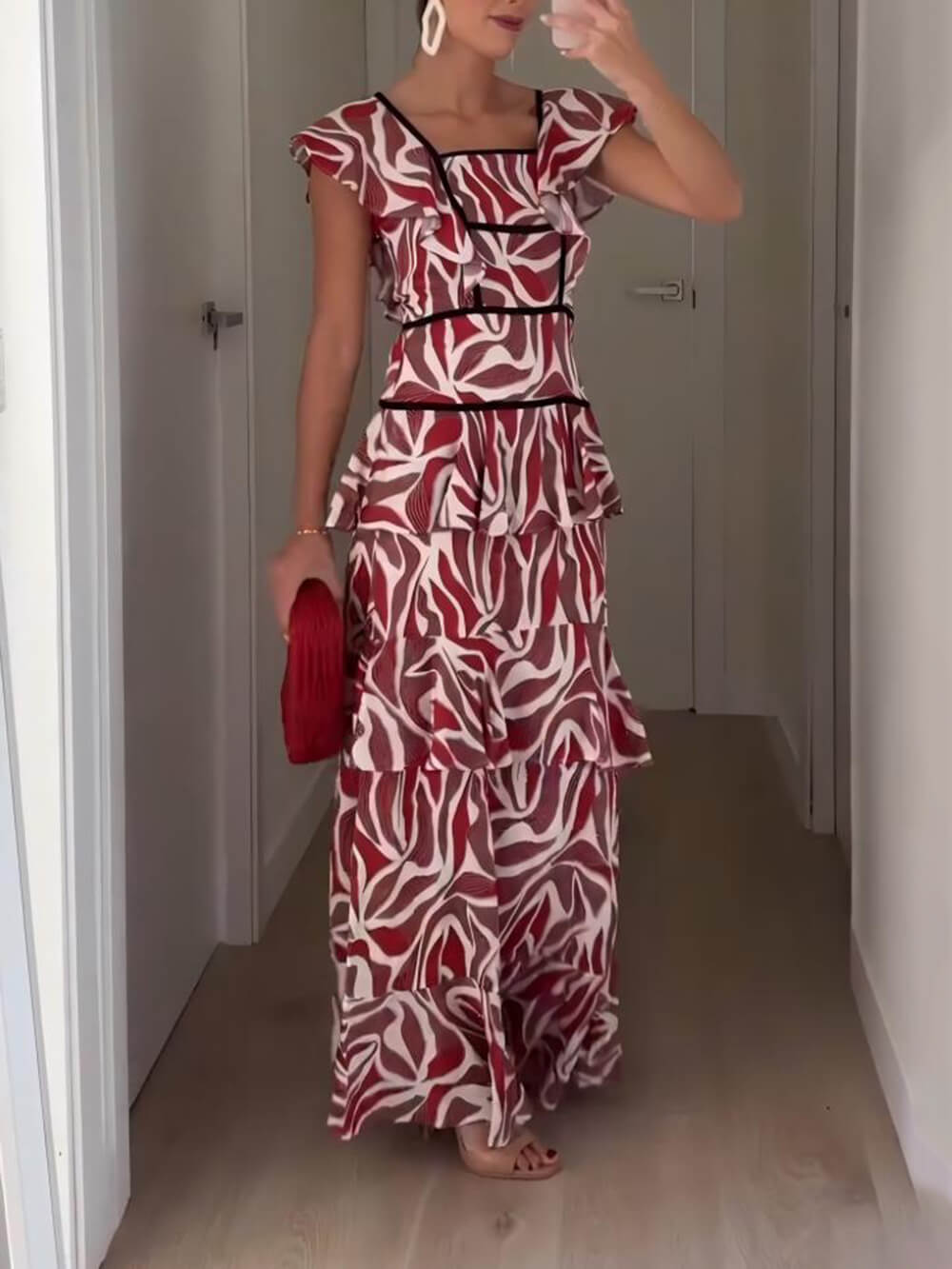 Retro Unieke Gelaagde Print Contrast Ruffle Trim Maxi Jurk