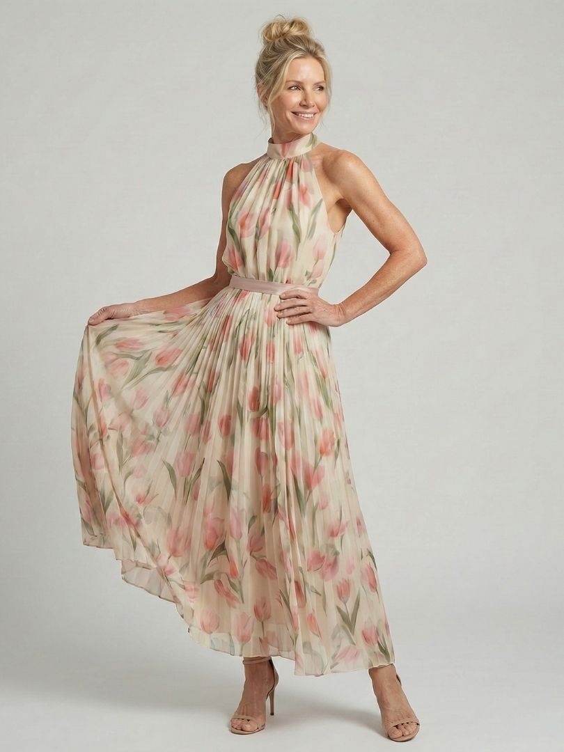 Aurelle | Midi Jurk met Bloemen en Halternek